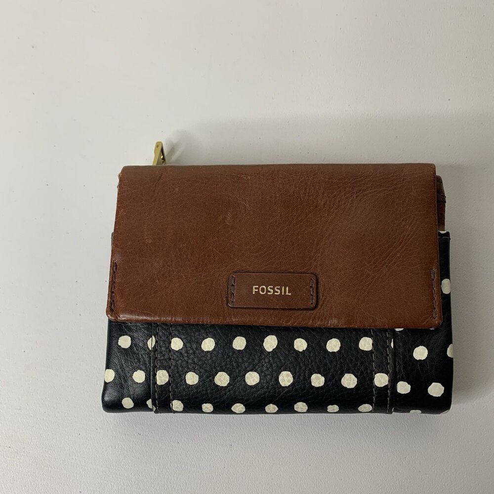 Fossil Brown Leather Black Polka Dot Bifold Clutch Wallet Organizer